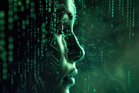 Digital AI Art  Female Face  Matrix Numbers  Hidden Watcher