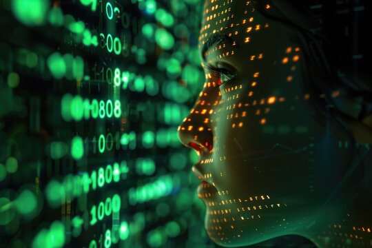 Digital AI Art  Female Face  Matrix Numbers  Hidden Watcher