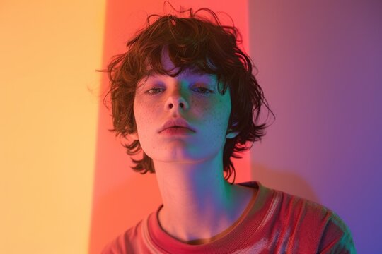 Non binary teenager on color background  Non binary teenager on color background