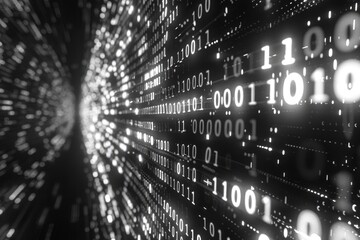 Binary Code Displayed on Digital Screen with Matrix Background.