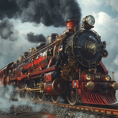 Fototapeta premium Steampunk steam locomotive with intricate mechanical details on a foggy railway track in a vintage industrial setting