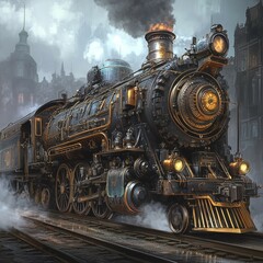 Naklejka premium Steampunk steam locomotive in a foggy industrial city with vintage mechanical design and dramatic atmosphere
