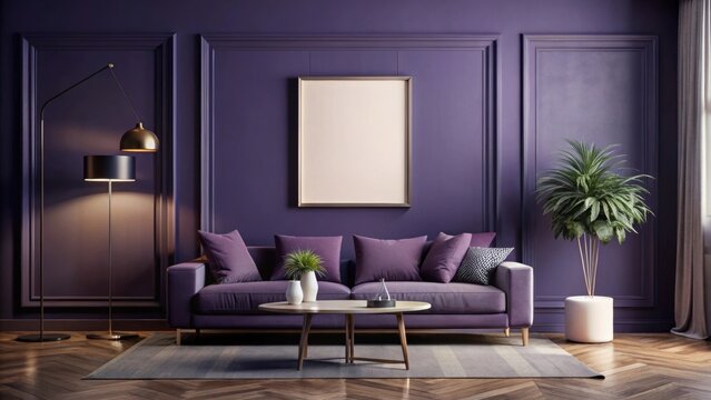 Mockup poster in a dark violet monochrome modern living room interior background, mockup, poster, dark violet
