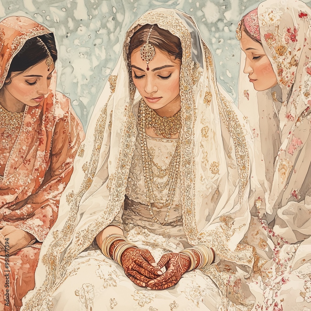 Wall mural Traditional South Asian bride with intricate henna, surrounded by bridesmaids in elegant attire, deep in thought