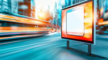 Billboard with a mobile service provider ad in a high-traffic tech district, tech marketing, urban audience