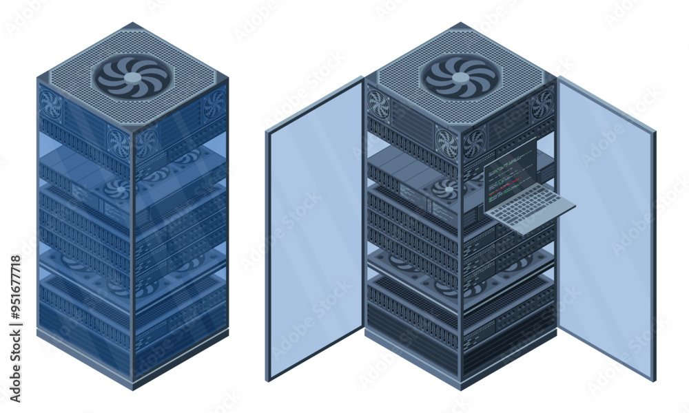 Poster isometric server. server racks. server boxes isolated. network server room. computer network technol
