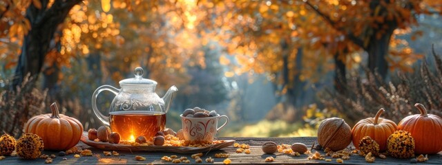 Autumn table with pumpkins, nuts and tea on blurred background. fall card with copy space. banner