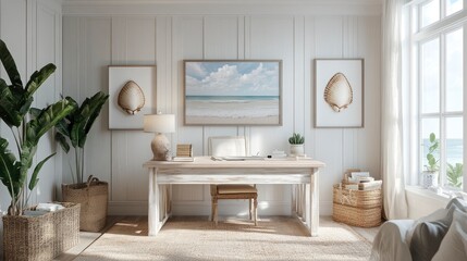 A home office with a coastal theme, featuring a whitewashed desk, a seashell lamp, and beach-themed artwork on the walls. The workspace is bright and breezy.