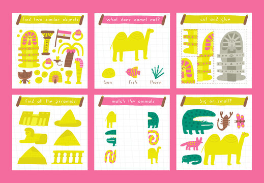 Learn ancient Egypt games set for kids. Cute hand drawn doodle funny desert puzzle with camel, sphinx, pyramids, pharaoh, cobra animal. Educational worksheet, mind task, riddle, strategy quiz