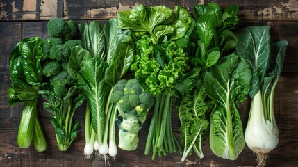 Assortment of green veggies on a rustic wood background