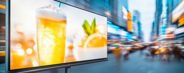 Billboard with a drink brand ad at a bustling downtown area, lifestyle marketing, refreshing engagement