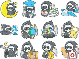 Illustration of cute skull ghost icon.
Funny skull ghost in activities stickers.
Angel of death cute elements.
