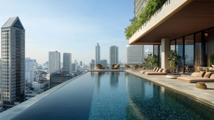 Fototapeta premium A modern rooftop pool with a city skyline view, emphasizing luxury and relaxation.