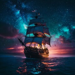 Fototapeta premium AI-Generated Epic and Ultrarealistic Digital Illustration of a Ship Sailing Under a Starry Night Sky