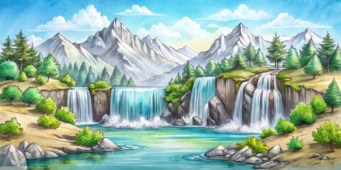 Fototapeta premium Tranquil mountain landscape with cascading waterfalls in vibrant pencil sketch , nature, landscape, mountains, waterfalls