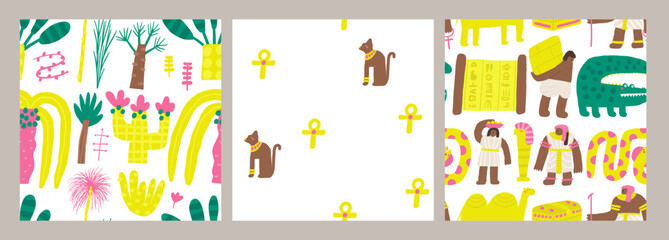 Cute ancient Egypt seamless patterns set. Funny hand drawn doodle repeatable pattern with snake, crocodile, people, paper, queen, princess, woman. Old civilization, desert, arab theme background