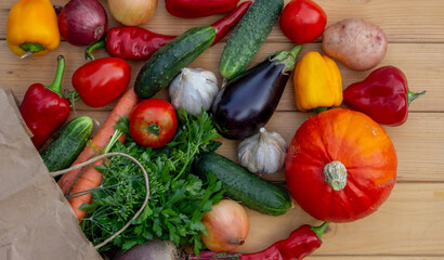 fresh vegetables and paper bag on wooden background. Selective focus
