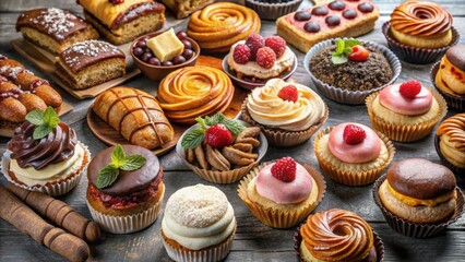 Assortment of delicious cakes and pastries on a background, cakes, sweet, pastries, confectionery, desserts, bakery