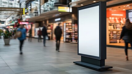 Obraz premium A blank digital signage display in a bustling shopping mall filled with shoppers exploring various stores during the day