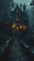 Mysterious stone house illuminated at night, surrounded by dark forest and mist, creating an eerie yet enchanting atmosphere.