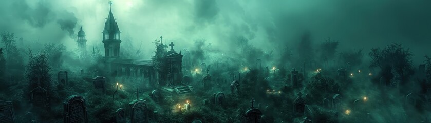 Fototapeta premium Mysterious underwater ruins shrouded in fog, evoking a sense of lost history and eerie beauty beneath the waves.