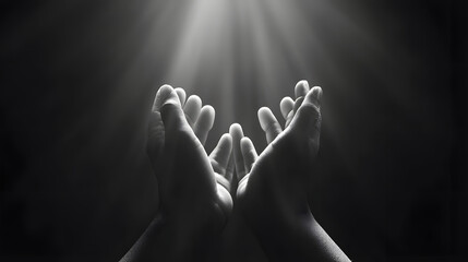 Hand prayer god faith holy worship on hope religion background of believe church pray jesus christian religious grace black white concept or love spiritual bible peace and spirit trust blessed light.