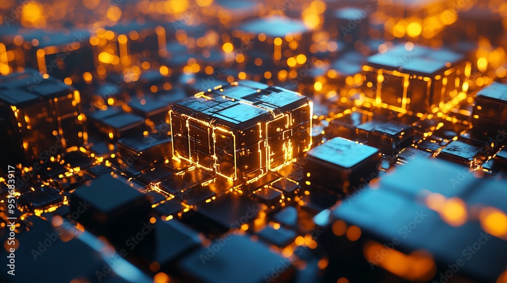 Sticker glowing cubes illuminated by bright orange light in a futuristic setting