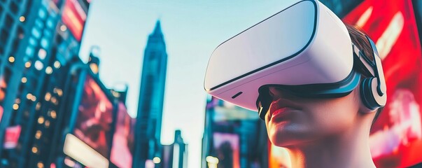 Billboard advertising a virtual reality game in a tech-driven cityscape, immersive advertising, gaming audience