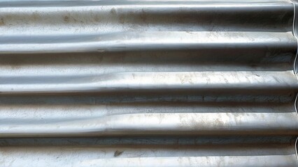 Obraz premium Close-up of a weathered corrugated metal sheet with visible texture, dirt, and light reflection.