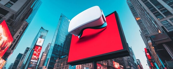 Billboard advertising a virtual reality game in a tech-driven cityscape, immersive advertising, gaming audience