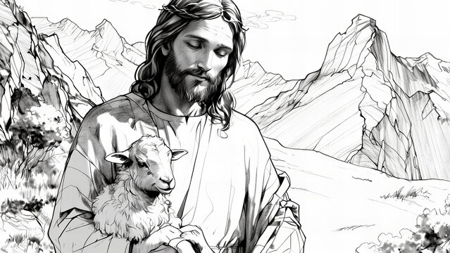 Jesus Christ with Lamb in Pencil Drawing Style Depicted in a Detailed Artistic Sketch with Expressive Lines and Texture new beautiful stock image illustration AI