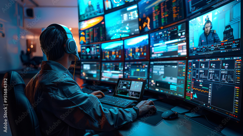 Aufkleber a man is sitting in front of a computer monitor with a headset on
