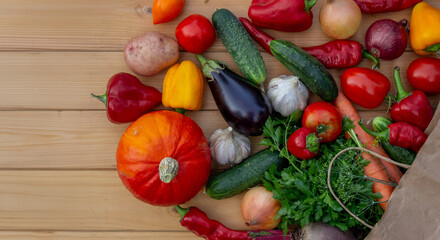 fresh vegetables and paper bag on wooden background. Selective focus