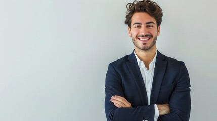 portrait of charismatic young businessman with confident smile and crossed arms dressed in stylish suit against clean white background exuding professional charm and approachability