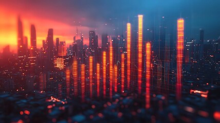 A futuristic cityscape features neon lights and a data grid, merging technology with the structure of the city in a harmonious blend.
