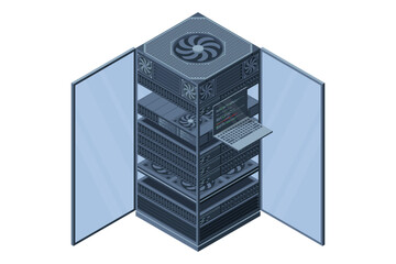 Isometric server. Server racks. Server boxes isolated. Network server room. Computer network technology. Vector illustration