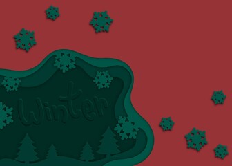 Winter Wonderland: Green and red paper cut design with snowflakes and a winter sign. perfect for winter holidays, christmas, new year, holiday season, festive, celebration, season, greeting, card,