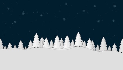Winter landscape background. Illustration with christmas tree and snowflakes. Merry Christmas greeting card. Paper cut out design.