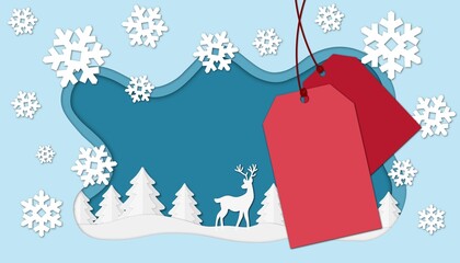 Festive paper cut style background with snowflakes, deer, and pine trees. Two red blank tags hang from string with a winter backdrop perfect for your holiday sales and pro