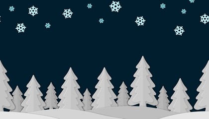 Winter landscape background. Illustration with christmas tree and snowflakes. Merry Christmas greeting card. Paper cut out design.