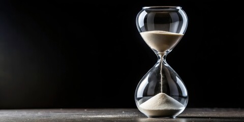 Hourglass with white sand running out on a black background, time, patience, countdown, deadline, passing, urgency