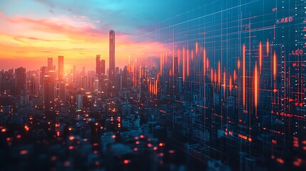 A cityscape with red line charts and a digital data overlay illustrates the integration of financial analytics with urban development.
