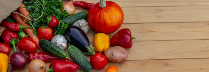 fresh vegetables and paper bag on wooden background. Selective focus