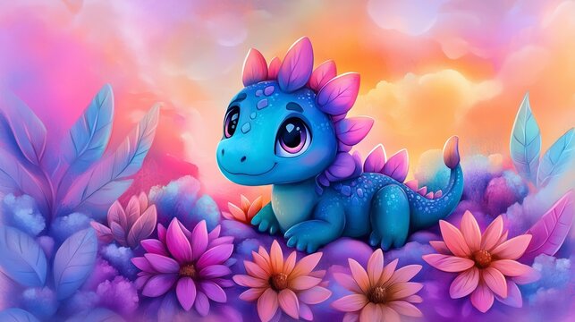 A charming cartoon dinosaur resting on a soft, watercolor-painted bed of flowers, with a serene, pastel-colored sky in the background 