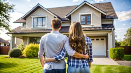  rear view of young couple looking at their new house