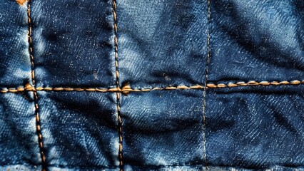 Fototapeta premium Close-up of blue denim fabric with yellow stitching.