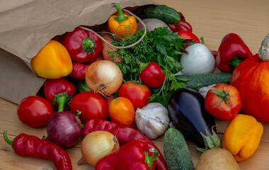 fresh vegetables and paper bag on wooden background. Selective focus