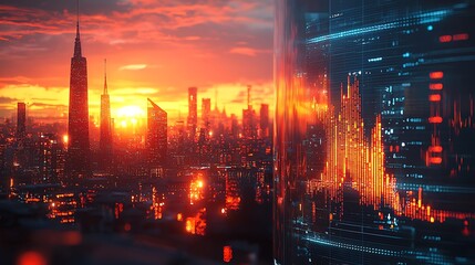 A digital cityscape at sunset displays data and technology overlays, merging the physical city with the digital world.