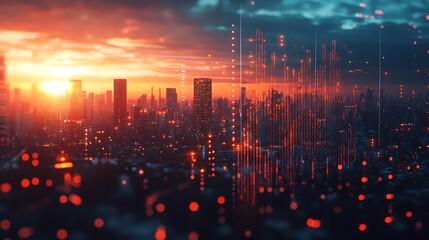 A futuristic cityscape at sunset with a digital data overlay connects the physical skyline with a network of information and technology.