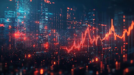 Financial stock market charts overlay a cityscape at night, blending the world of finance with the illuminated skyline of a thriving metropolis.